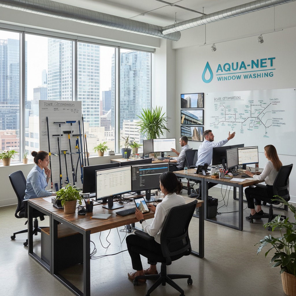 Une équipe de cinq employés travaille dans un bureau lumineux doté de grandes baies vitrées offrant une vue sur les gratte-ciels de la ville.